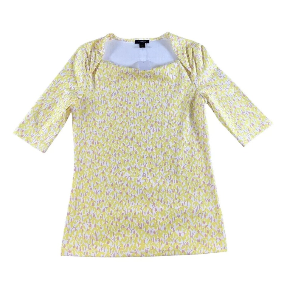 Ann‎ Taylor Top Womens XXS Yellow Square Neck Half Sleeve Ditsy Floral NWT Retro
